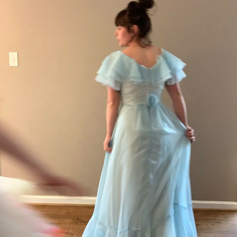 Vintage 1970s Prom Dress Formal Gown Blue Chiffon - Picture 3 of 8